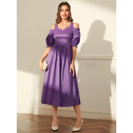 Modely Cold Shoulder Faux Pearl Frill Trim Dress