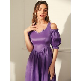 Modely Cold Shoulder Faux Pearl Frill Trim Dress