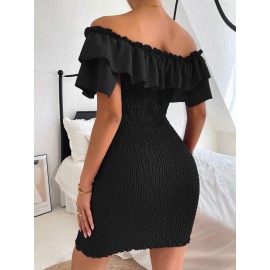 Tie Front Off Shoulder Ruffle Trim Shirred Bodycon Dress
