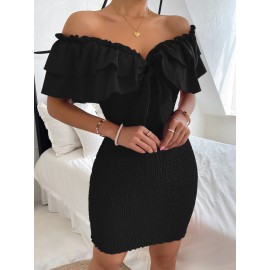 Tie Front Off Shoulder Ruffle Trim Shirred Bodycon Dress