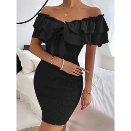Tie Front Off Shoulder Ruffle Trim Shirred Bodycon Dress