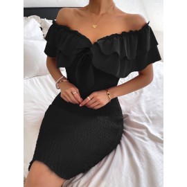 Tie Front Off Shoulder Ruffle Trim Shirred Bodycon Dress