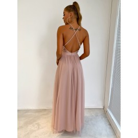 Sequin Bodice Backless Mesh  Prom Dress