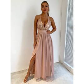 Sequin Bodice Backless Mesh  Prom Dress