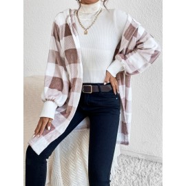 Buffalo Plaid Pattern Open Front Hooded Coat
