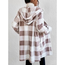 Buffalo Plaid Pattern Open Front Hooded Coat