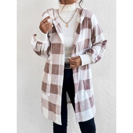 Buffalo Plaid Pattern Open Front Hooded Coat