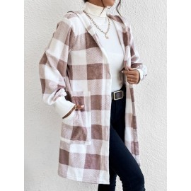 Buffalo Plaid Pattern Open Front Hooded Coat
