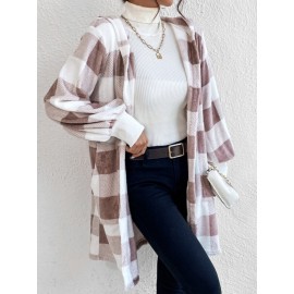 Buffalo Plaid Pattern Open Front Hooded Coat