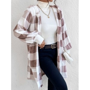 Buffalo Plaid Pattern Open Front Hooded Coat