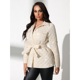 Flap Pocket Belted Quilted Winter Coat