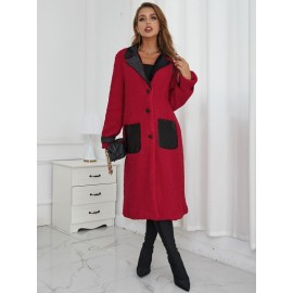 Lapel Neck Pocket Patched Teddy Coat
