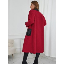 Lapel Neck Pocket Patched Teddy Coat