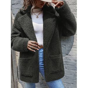 Lapel Neck Dual Pocket Drop Shoulder Teddy Coat