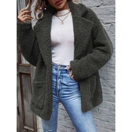 Lapel Neck Dual Pocket Drop Shoulder Teddy Coat