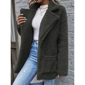 Lapel Neck Dual Pocket Drop Shoulder Teddy Coat