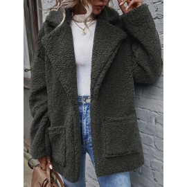 Lapel Neck Dual Pocket Drop Shoulder Teddy Coat