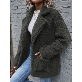 Lapel Neck Dual Pocket Drop Shoulder Teddy Coat