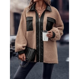 Flap Pocket Drop Shoulder Teddy Coat
