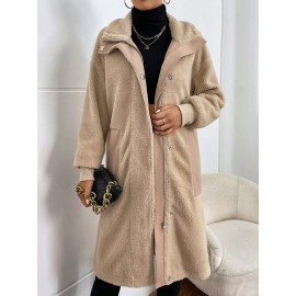 Drop Shoulder Pocket Patched Teddy Coat