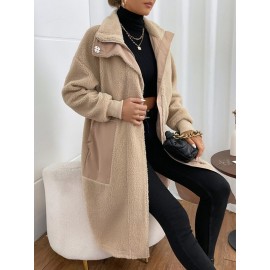 Drop Shoulder Pocket Patched Teddy Coat
