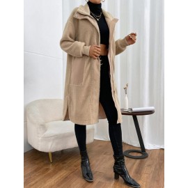 Drop Shoulder Pocket Patched Teddy Coat