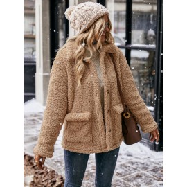 Flap Pocket Drop Shoulder Teddy Coat
