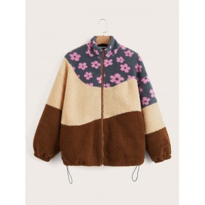 Floral nt Colorblock Lantern Sleeve Teddy Coat