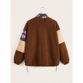 Floral nt Colorblock Lantern Sleeve Teddy Coat