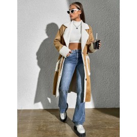 Teddy Lined Dual Pocket Drop Shoulder Faux Suede Coat