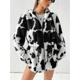 Drawstring Waist Zipper Hooded Teddy Coat