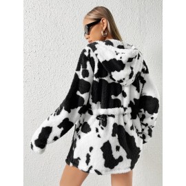 Drawstring Waist Zipper Hooded Teddy Coat
