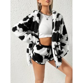 Drawstring Waist Zipper Hooded Teddy Coat