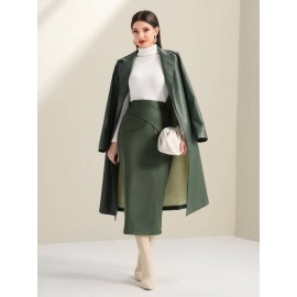 Lapel Neck Belted PU Leather Coat