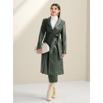 Lapel Neck Belted PU Leather Coat