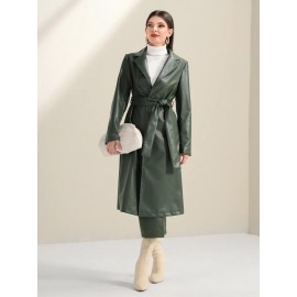 Lapel Neck Belted PU Leather Coat