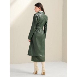 Lapel Neck Belted PU Leather Coat