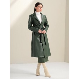 Lapel Neck Belted PU Leather Coat