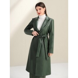 Lapel Neck Belted PU Leather Coat