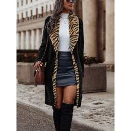 Zebra Striped Pattern Shawl Collar Flannel Coat