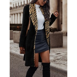 Zebra Striped Pattern Shawl Collar Flannel Coat