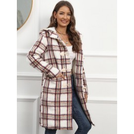 Plaid Button Front Hooded Coat