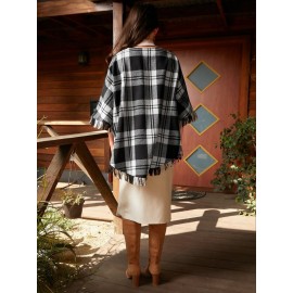 Plaid nt Fringe Trim Batwing Sleeve Coat