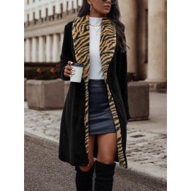 Zebra Striped Pattern Shawl Collar Flannel Coat