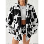 Drawstring Waist Zipper Hooded Teddy Coat