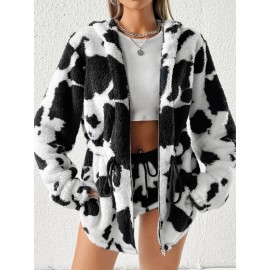 Drawstring Waist Zipper Hooded Teddy Coat