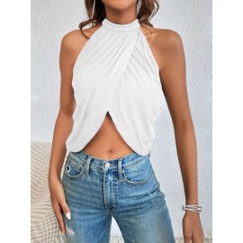 Crossover Rhinestone Chain Detail Backless Halter Top