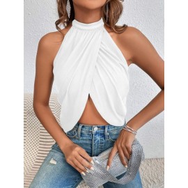 Crossover Rhinestone Chain Detail Backless Halter Top