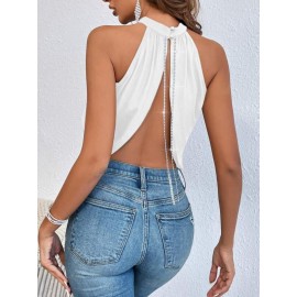 Crossover Rhinestone Chain Detail Backless Halter Top